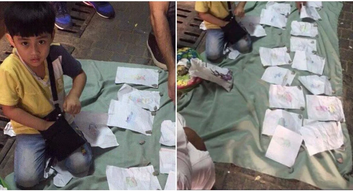innocent Muslim child is selling his simple drawings to help his family