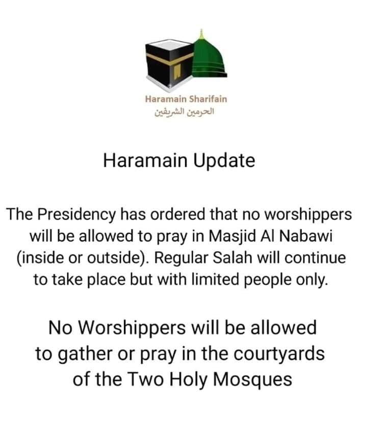 Worshippers will not be allowed to pray in Masjid Al Nabawi