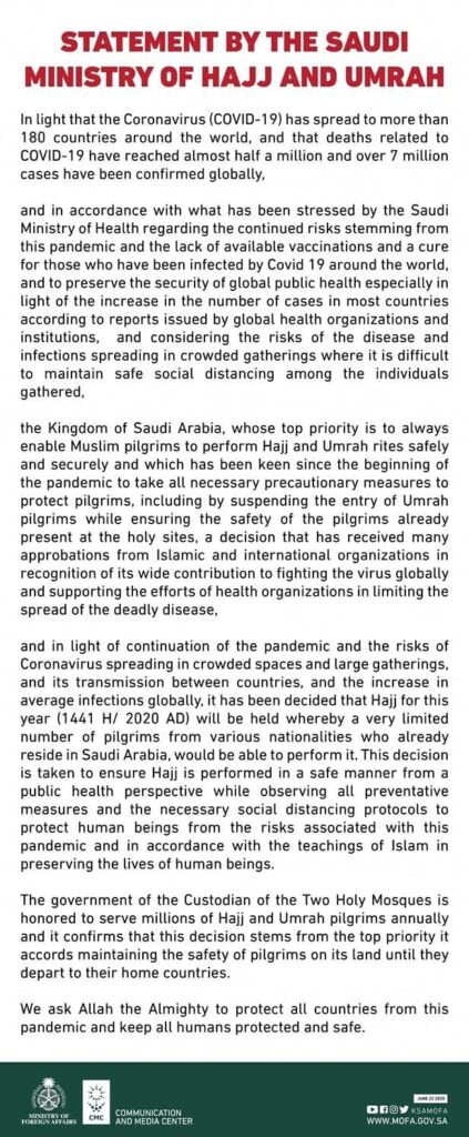 Ministry of Hajj and Umrah of the Kingdom of Saudi Arabia on Hajj 1441