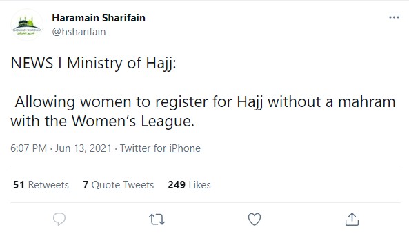 Allowing women to register for Hajj without a mahram