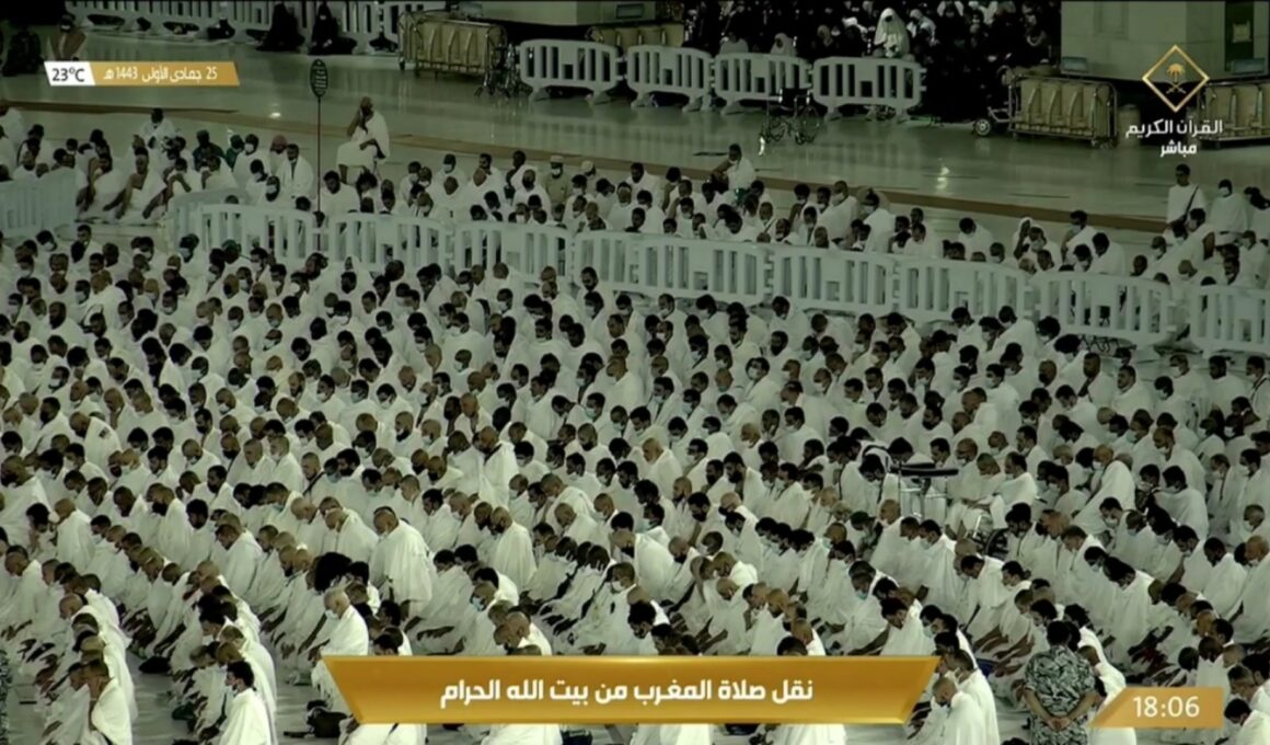 worshippers praying at the grand mosque of makkah