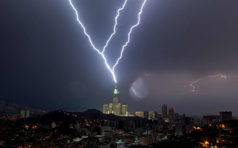 Lightning Strike Only the Clock Tower in Makkah