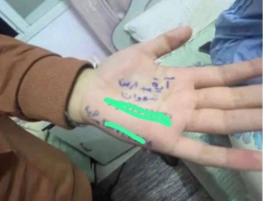 Gaza children writing name on hands