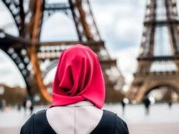 Girl in hijab is looking towards effel tower