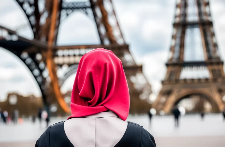 Girl in hijab is looking towards effel tower