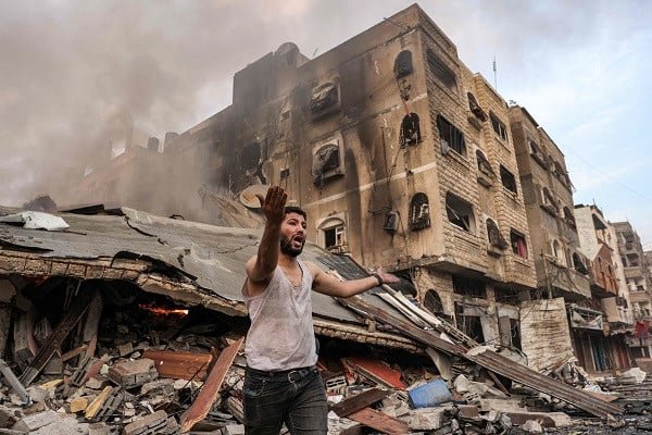 collapsed building after israeli bombing in gaza