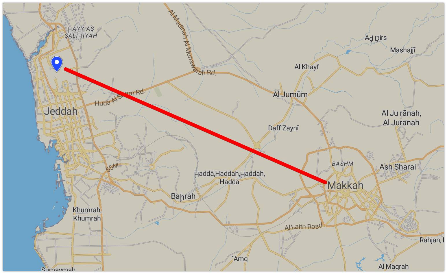 distance jeddah airport to mecca