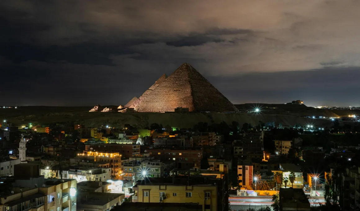 Giza City and Pyramids at night