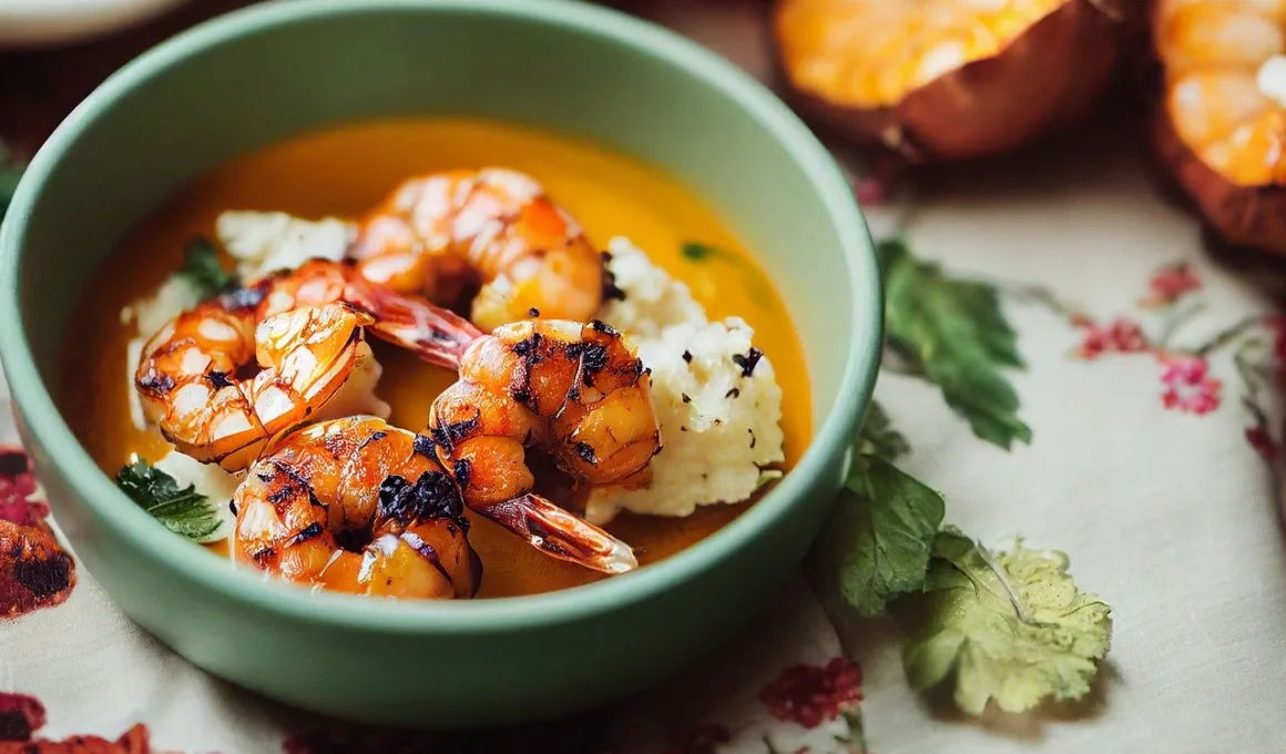 grilled shrimp, cauliflower, rose sauce