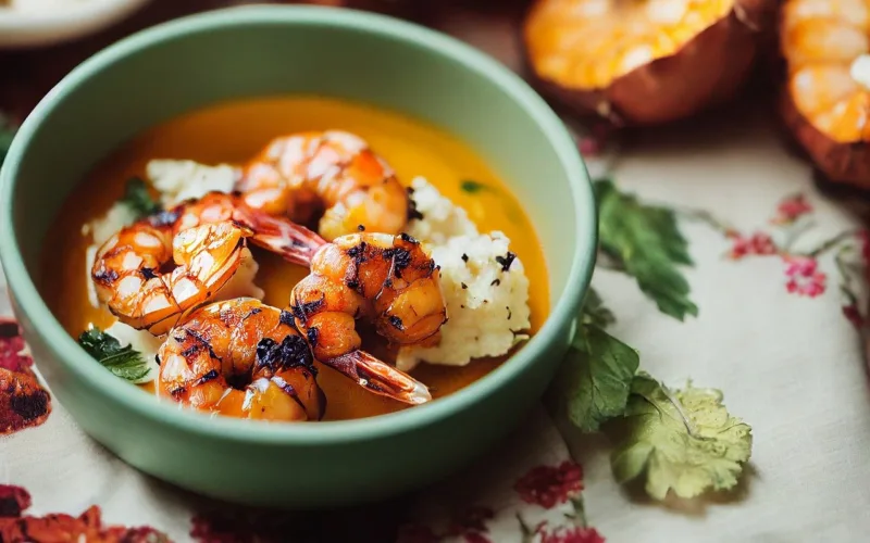 grilled shrimp, cauliflower, rose sauce