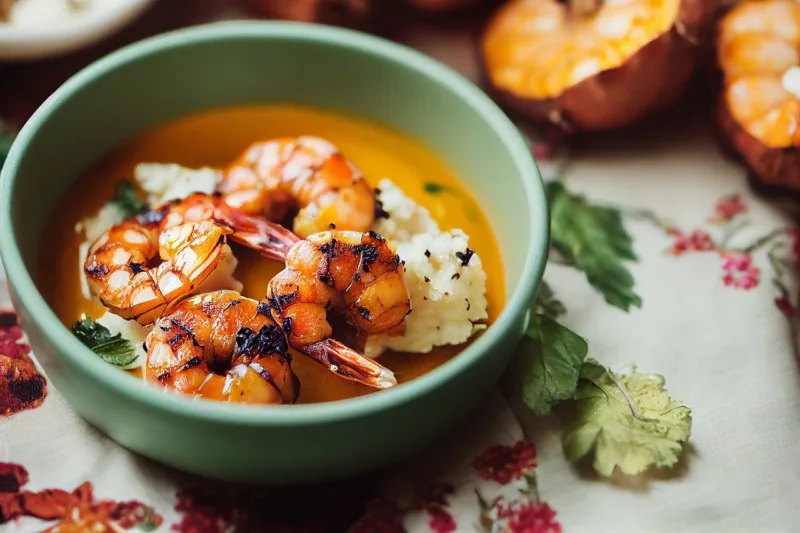 grilled shrimp, cauliflower, rose sauce