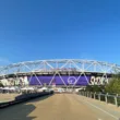 a stadium with a large sign on the side of it