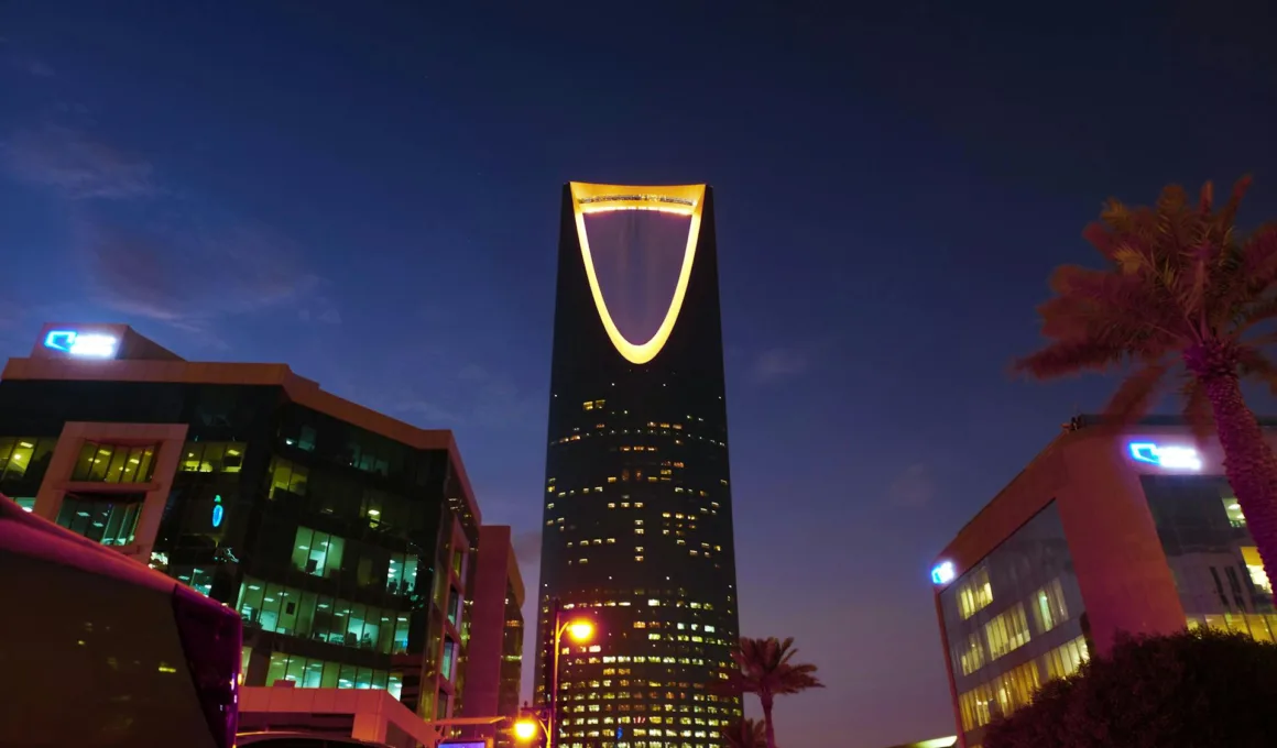 View of Illuminated Kingdom Centre, Riyadh, Saudi Arabia