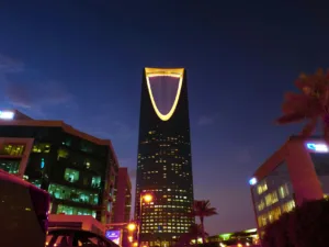 View of Illuminated Kingdom Centre, Riyadh, Saudi Arabia