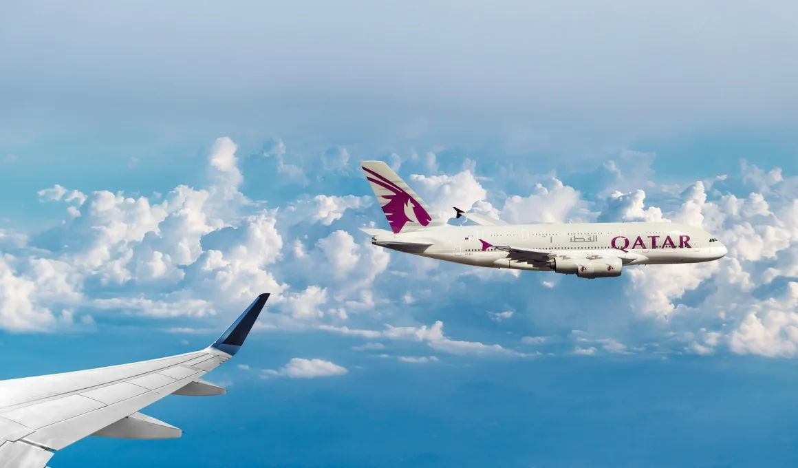 qatar airways A380 in sky