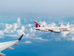 qatar airways A380 in sky