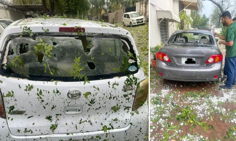 Hailstorm Causes Widespread Damage at Faisal Mosque in Islamabad 6 Cars Damaged as Hailstorm islamabad april 2025