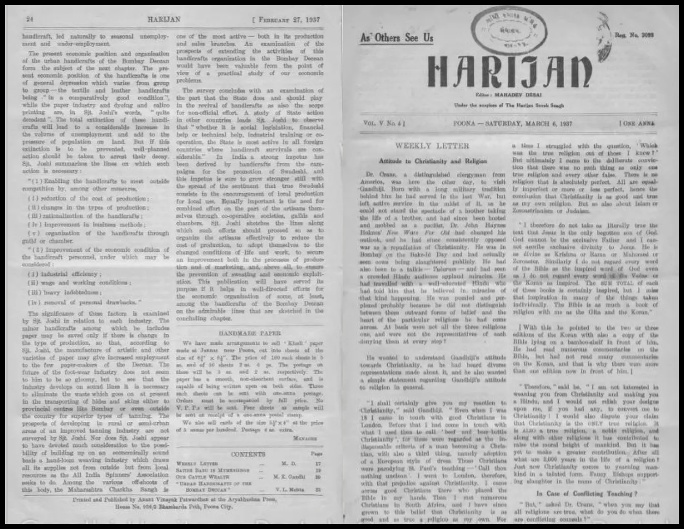 Gandhi Praised Caliphs Abu Bakar and Umar as Role Models in His 1937 Newspaper 6 HARIJAN