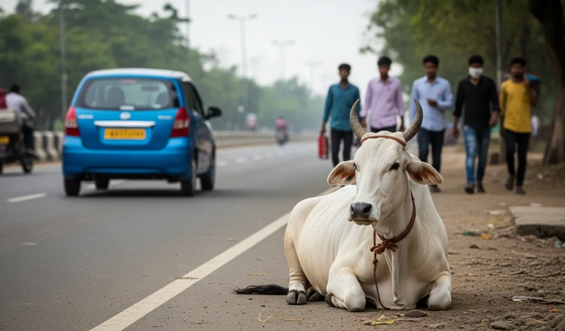 indian cow sitting on the road