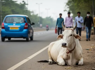 indian cow sitting on the road