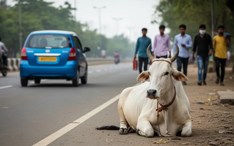 indian cow sitting on the road
