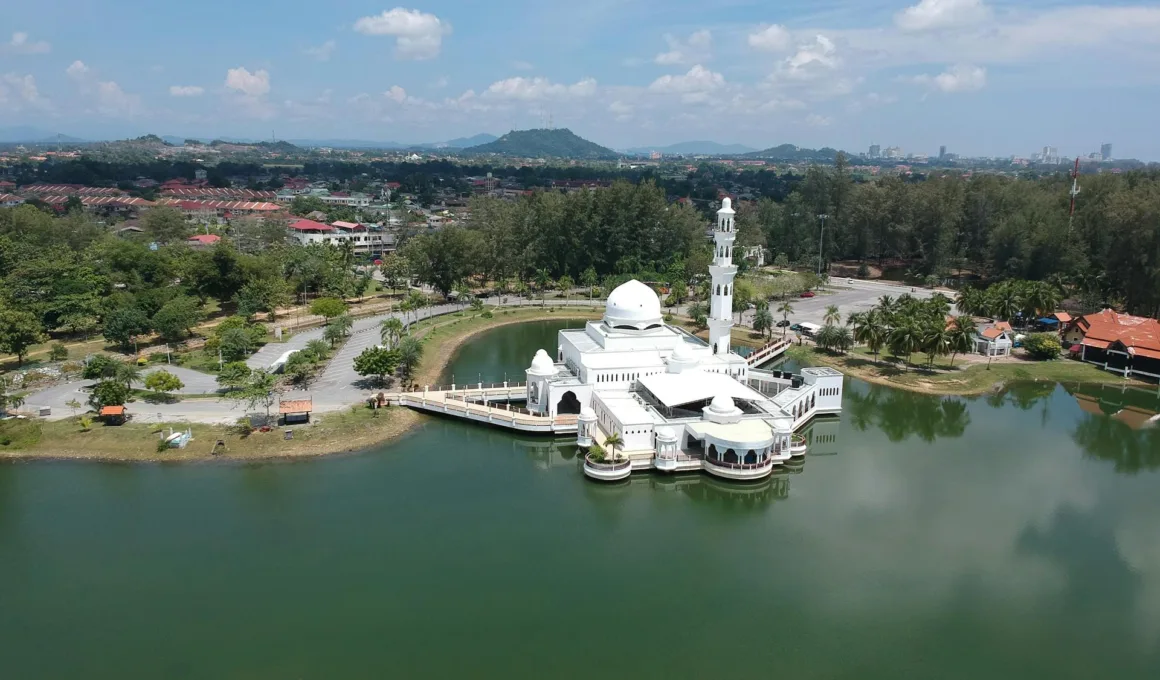 Tengku Tengah Zaharah Mosque, also known as the Floating Mosque, located in Kuala Terengganu Malaysia