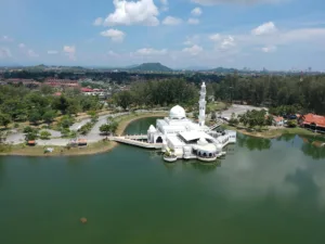 Tengku Tengah Zaharah Mosque, also known as the Floating Mosque, located in Kuala Terengganu Malaysia
