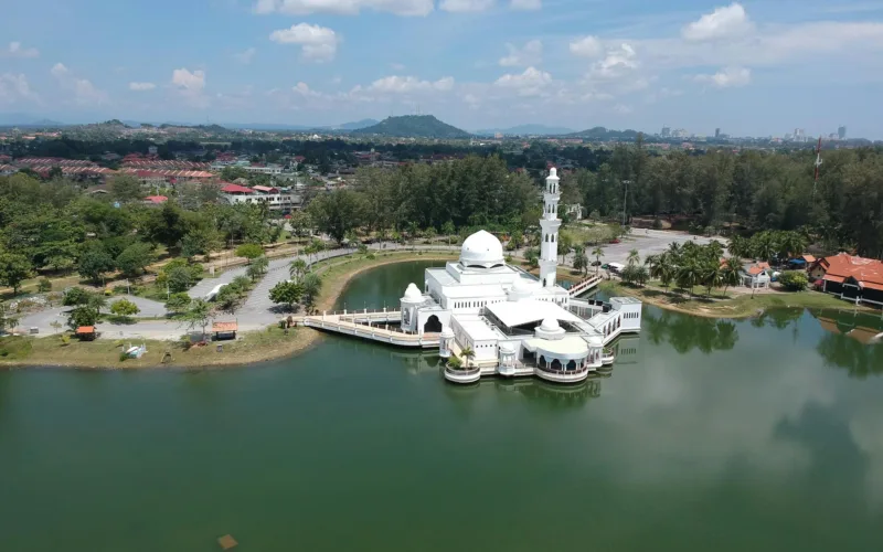 Tengku Tengah Zaharah Mosque, also known as the Floating Mosque, located in Kuala Terengganu Malaysia