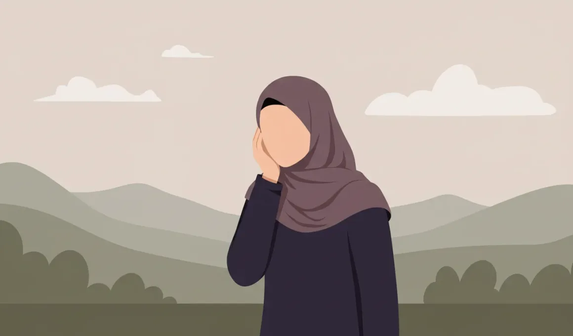 muslim woman wearing hijab worried, 2d motion design animation style, minimal, no facial features, landscape