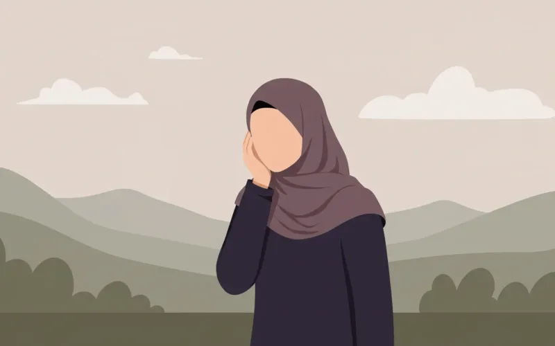 muslim woman wearing hijab worried, 2d motion design animation style, minimal, no facial features, landscape