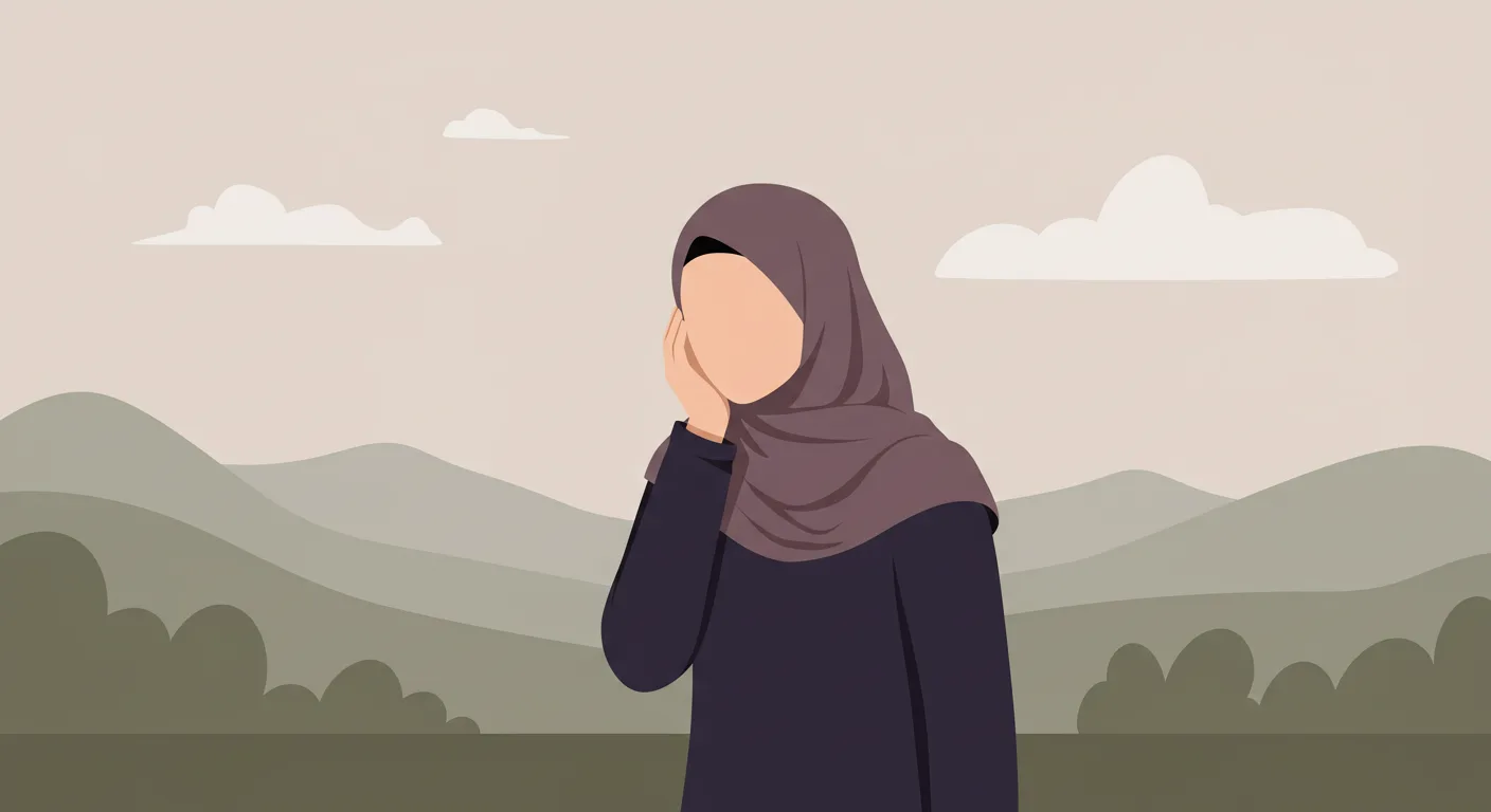 muslim woman wearing hijab worried, 2d motion design animation style, minimal, no facial features, landscape