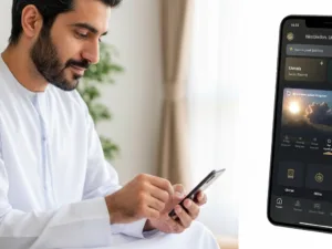 man using nusuk app stock photo