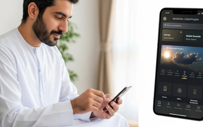 man using nusuk app stock photo