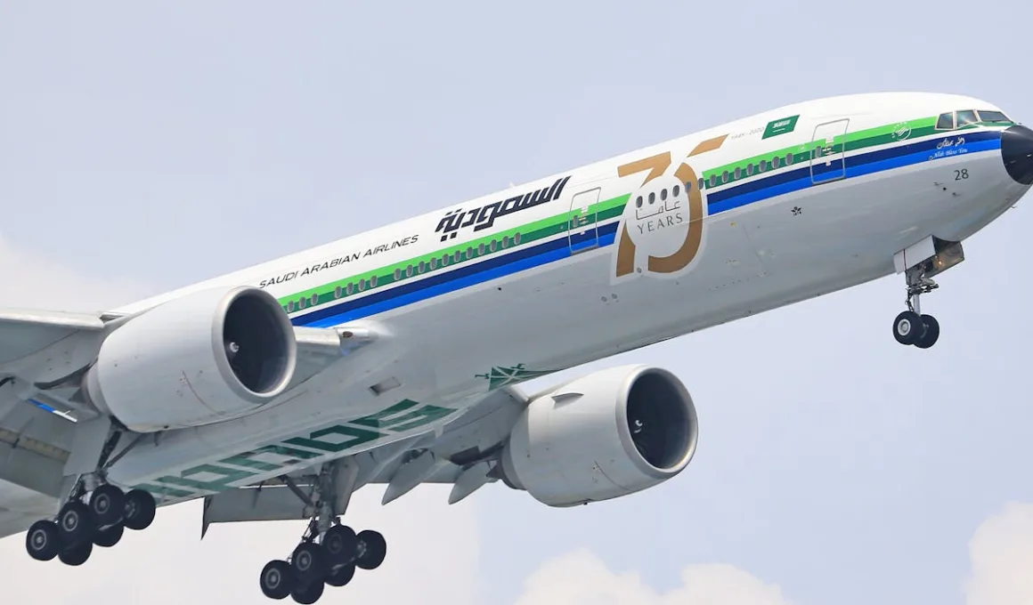 saudia airlines plane with 75 years livery