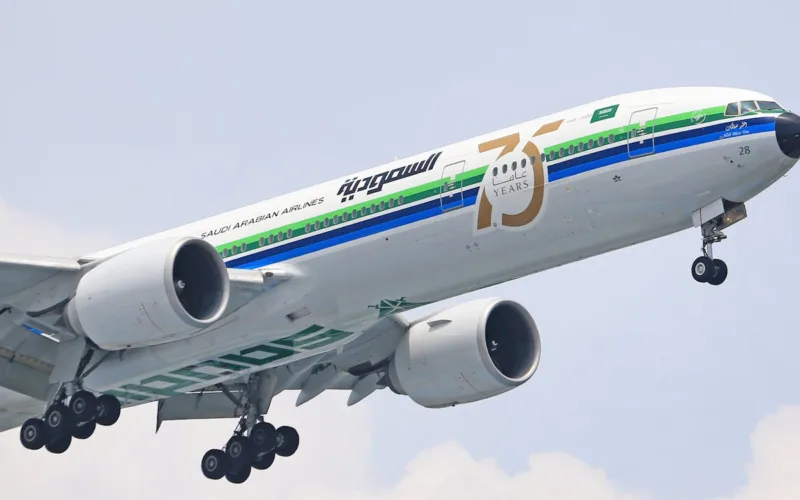 saudia airlines plane with 75 years livery