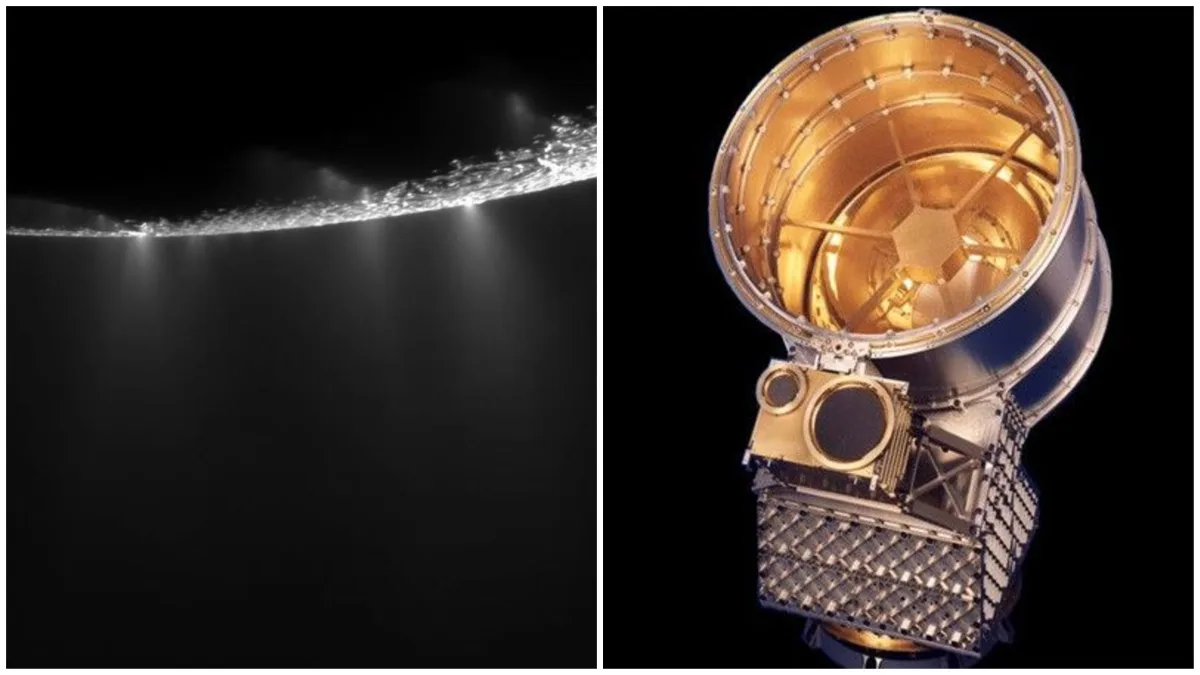 Collage shows Enceladus' edge with icy plumes from cracks (R) and Cosmic Dust Analyzer.