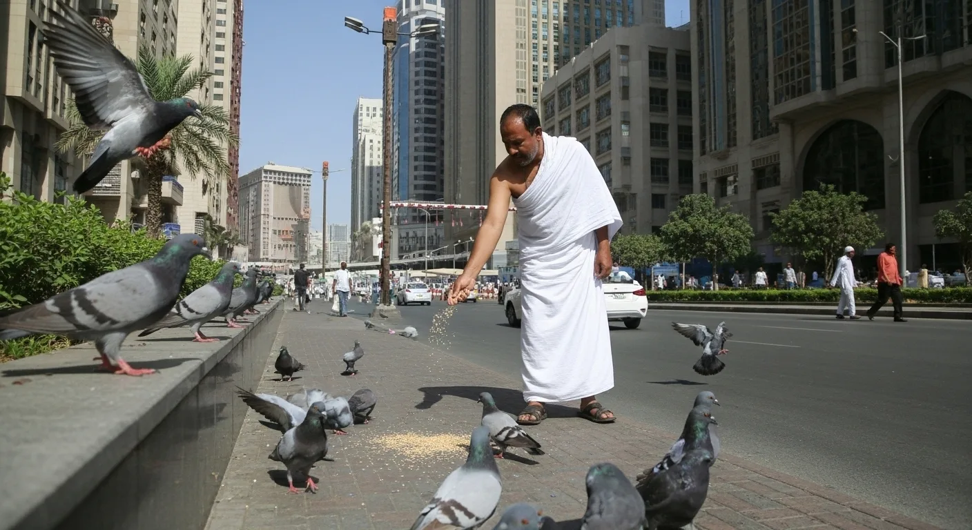 pilgrim in ihram feeding pigeons makkah