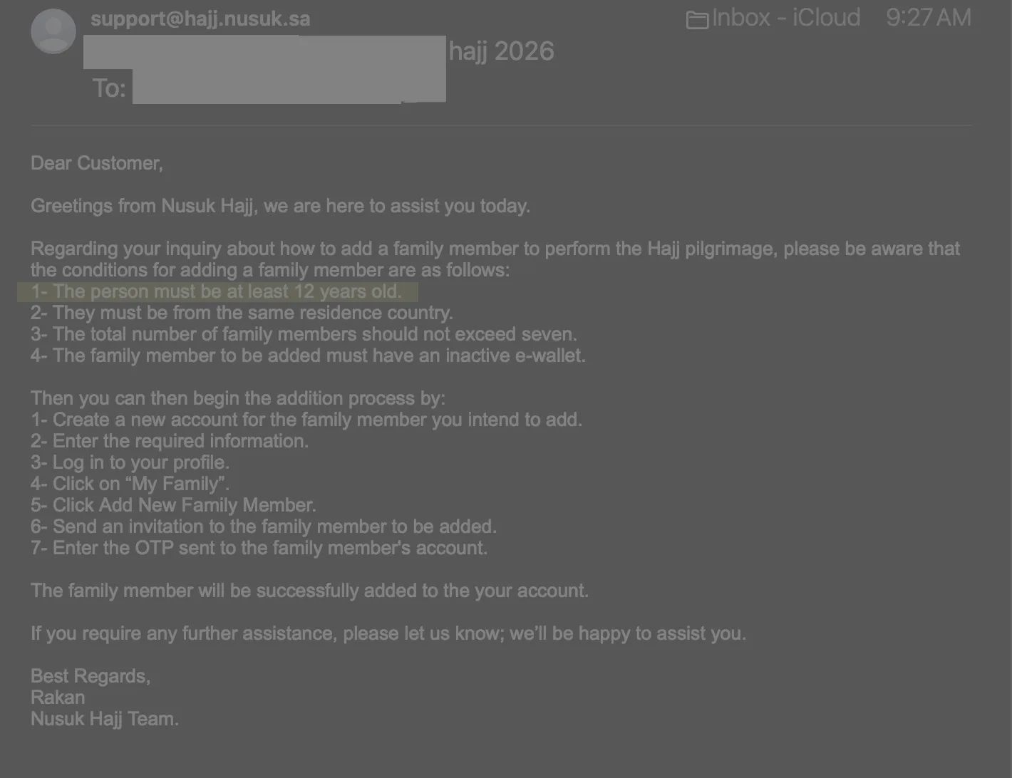 nusuk hajj email reply on children in hajj 2026