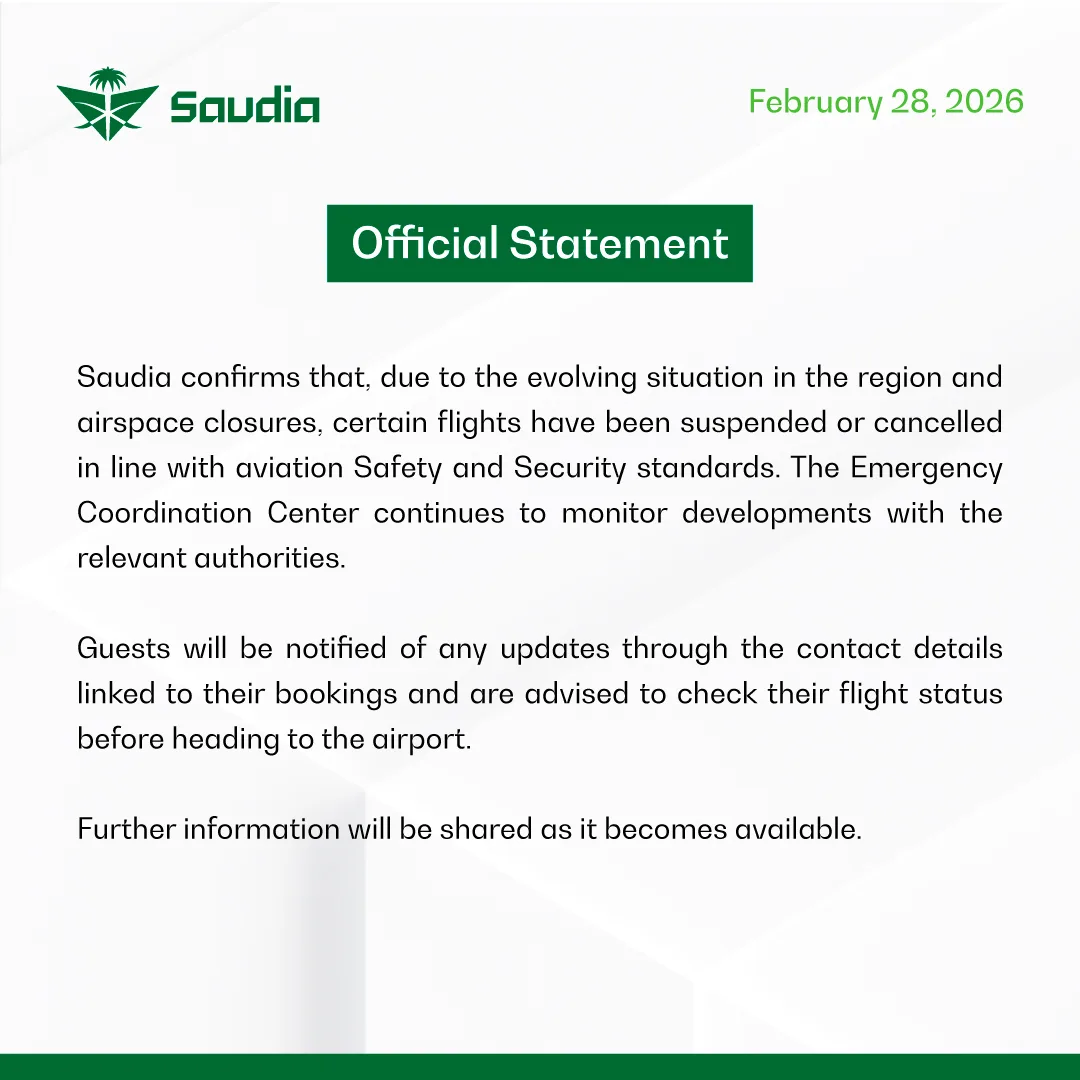 28 Feb 2026 announcement by Saudia Airlines