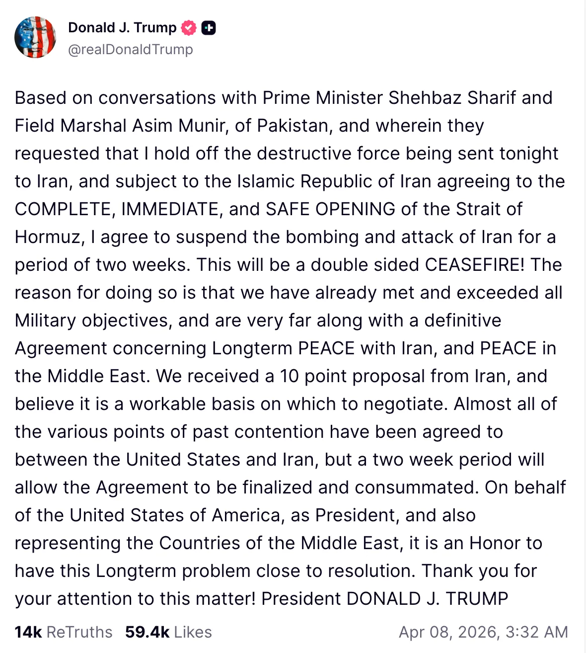 Trump Announcement Truth Social 9 April 2026