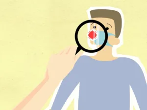 cutout paper illustration of magnifier showing virus on human figure