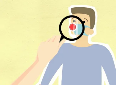 cutout paper illustration of magnifier showing virus on human figure