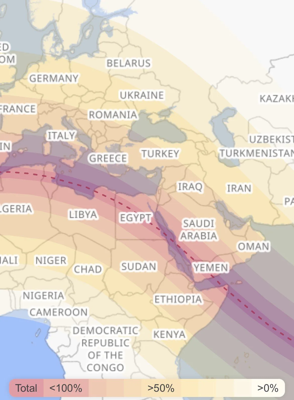 Total Solar Eclipse map for August 2, 2027