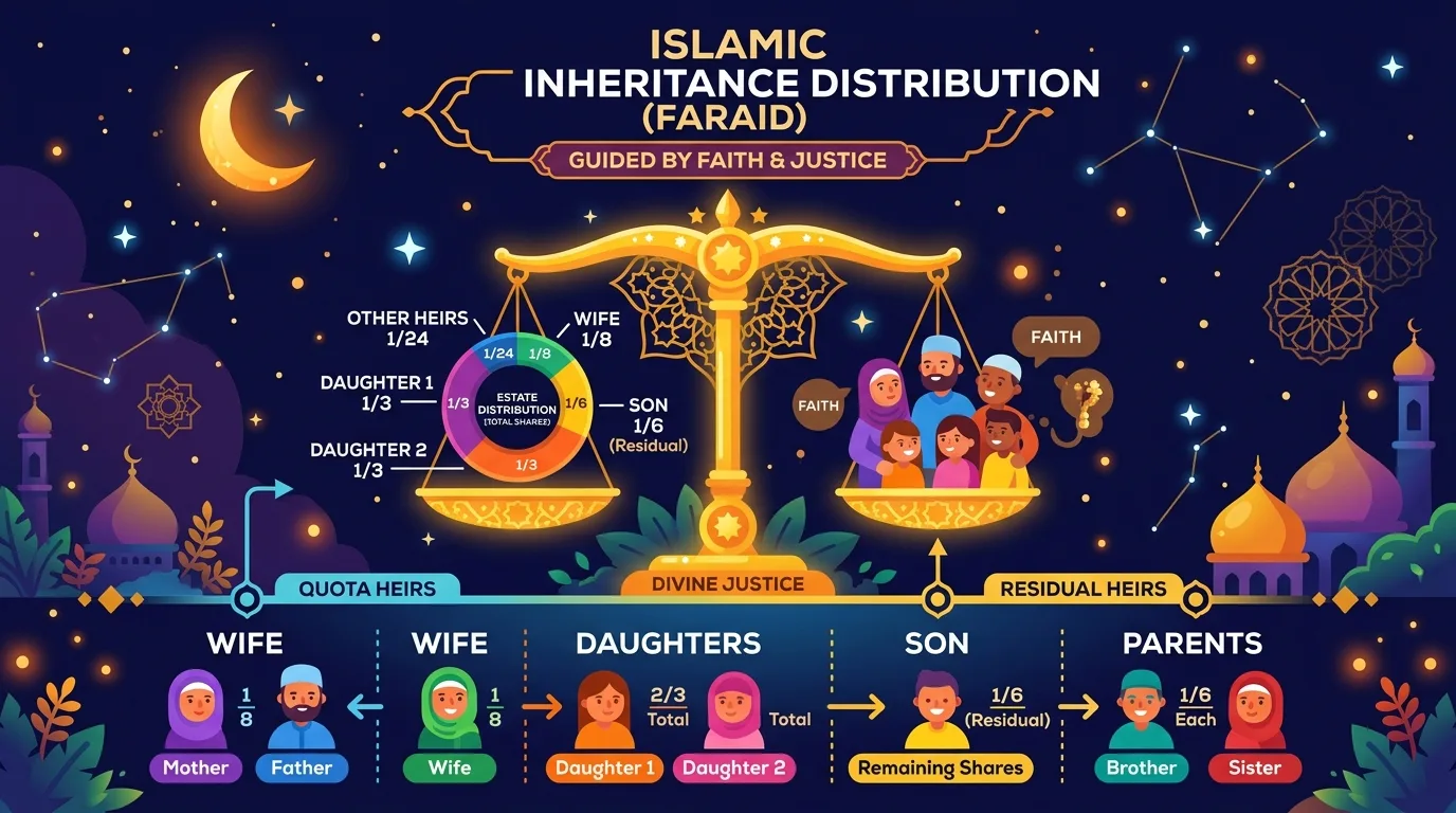 Islamic Inheritance Distribution (Faraid) Rules and Steps Infographic