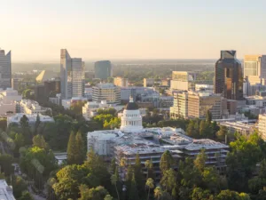 sacramento skyline and california capitol building at dusk