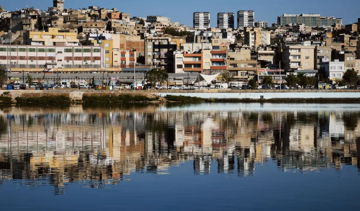 cityscape reflection on calm water with blue sky