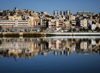 cityscape reflection on calm water with blue sky