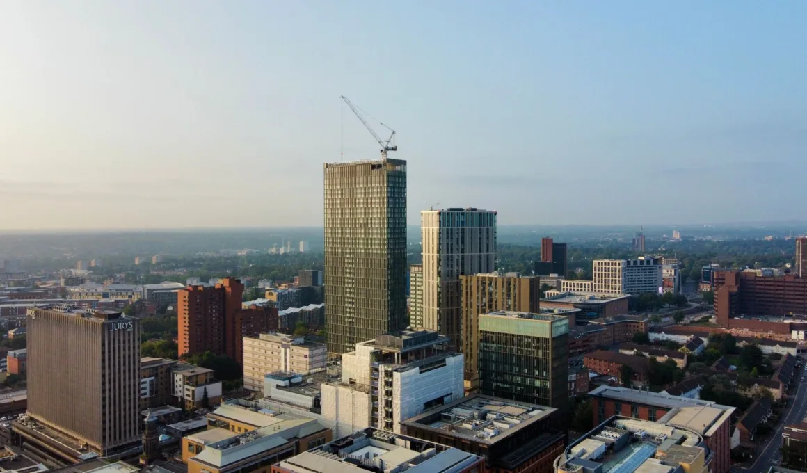 drone shot of a Birmingham city
