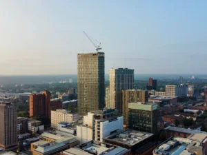 drone shot of a Birmingham city