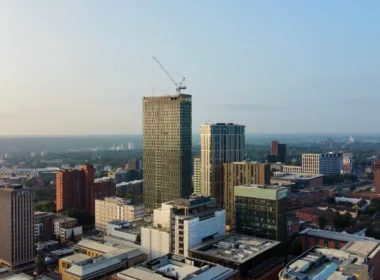 drone shot of a Birmingham city